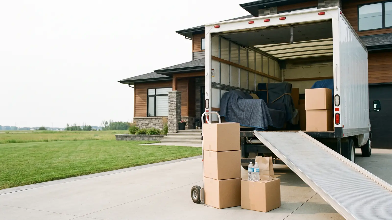 Tipping movers on moving day: bottles of water and a paper bag left out beside boxes on a hand truck, at the foot of a box truck's loading ramp