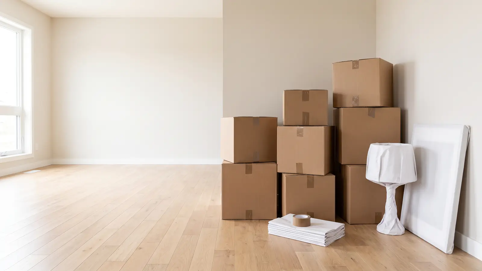 Moving tips in practice: boxes taped shut and stacked by the wall, with a lamp wrapped in packing paper beside them