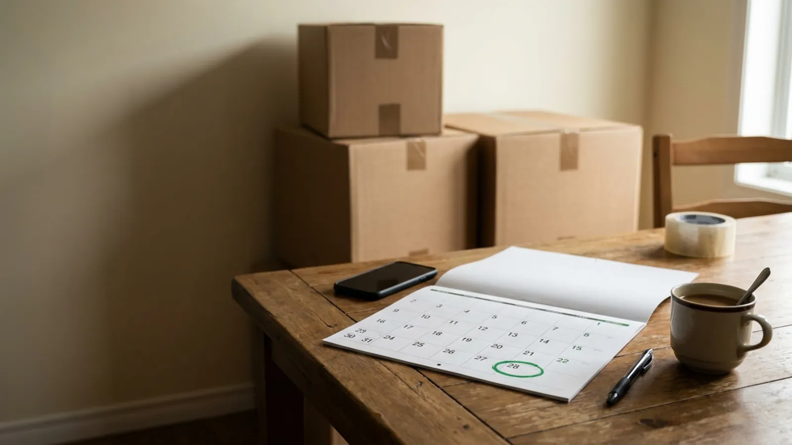 When to book movers: a calendar on a kitchen table with a late-month date circled in green, and taped moving boxes stacked against the wall behind it