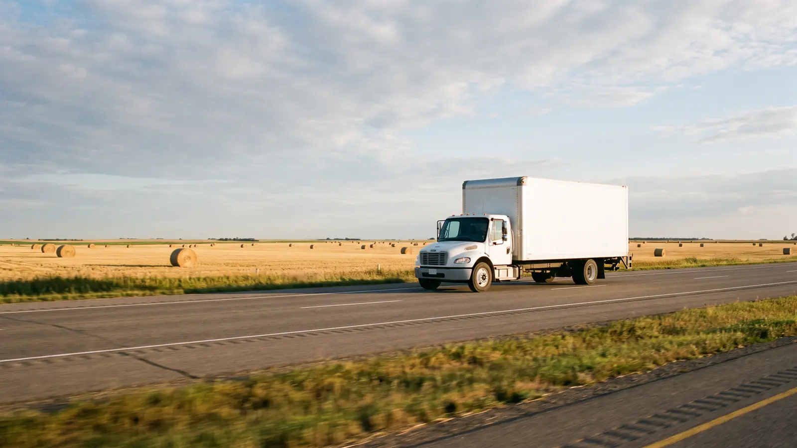 Calgary to Edmonton movers: a white box truck on a divided highway past prairie fields and hay bales