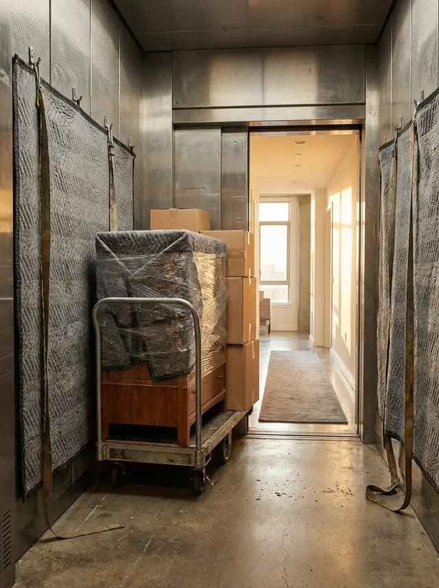 A dresser wrapped in moving blankets and shrink wrap on a cart beside stacked boxes, inside a freight elevator lined with moving pads