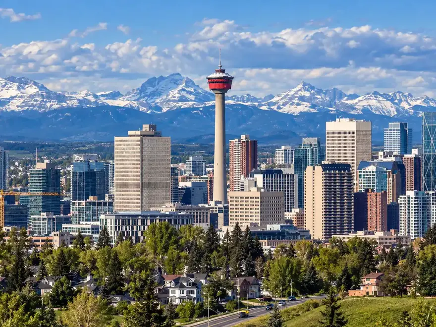 Downtown Calgary and the Calgary Tower, with the Rocky Mountains on the horizon