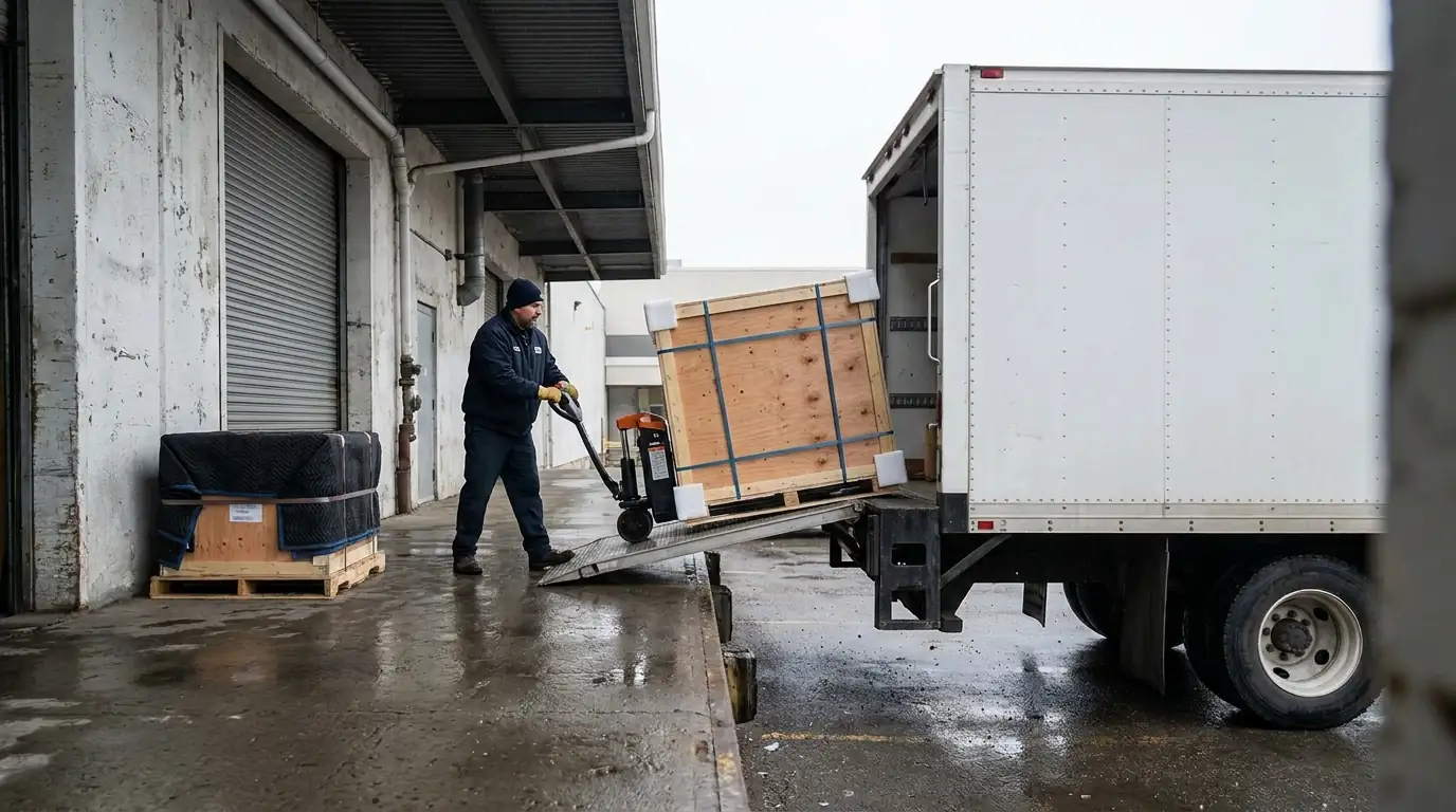 IT equipment movers in Calgary: a mover steers an electric pallet jack with a strapped plywood crate onto the tailgate of a white straight truck at a loading dock