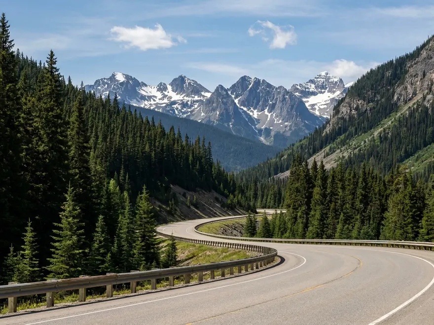 A two-lane highway curving through a forested mountain pass below snow-capped peaks