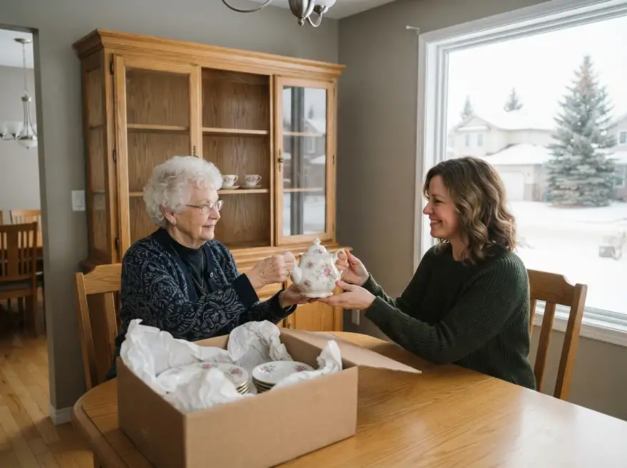 Downsizing: an older woman hands a china teapot to a younger woman beside a half-packed box of dishes