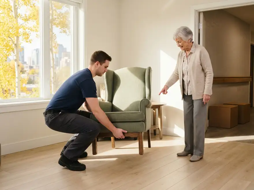 Moving into a retirement residence: a mover sets down a green armchair while an older woman points to where it goes