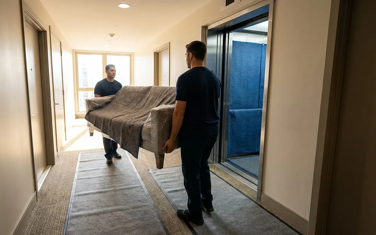 Apartment movers in Calgary: two movers carry a sofa wrapped in moving blankets and shrink wrap along floor runners in a condo hallway toward a padded elevator