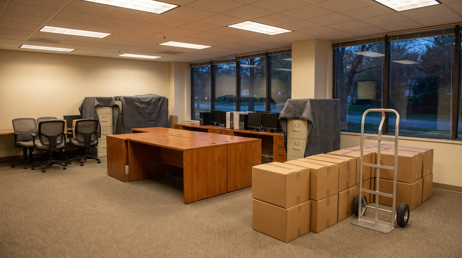 Commercial movers in Calgary: an office mid-move, with desks, chairs, blanket-draped filing cabinets and stacked boxes