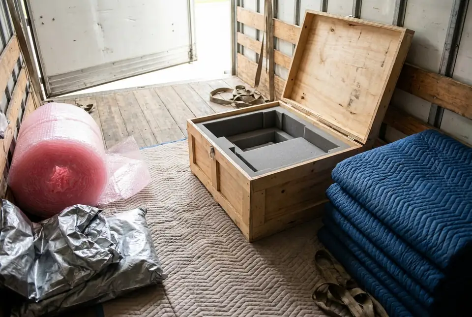 An open wooden crate lined with grey foam inside a moving truck, beside a roll of pink anti-static bubble wrap, silver anti-static bags and folded moving blankets