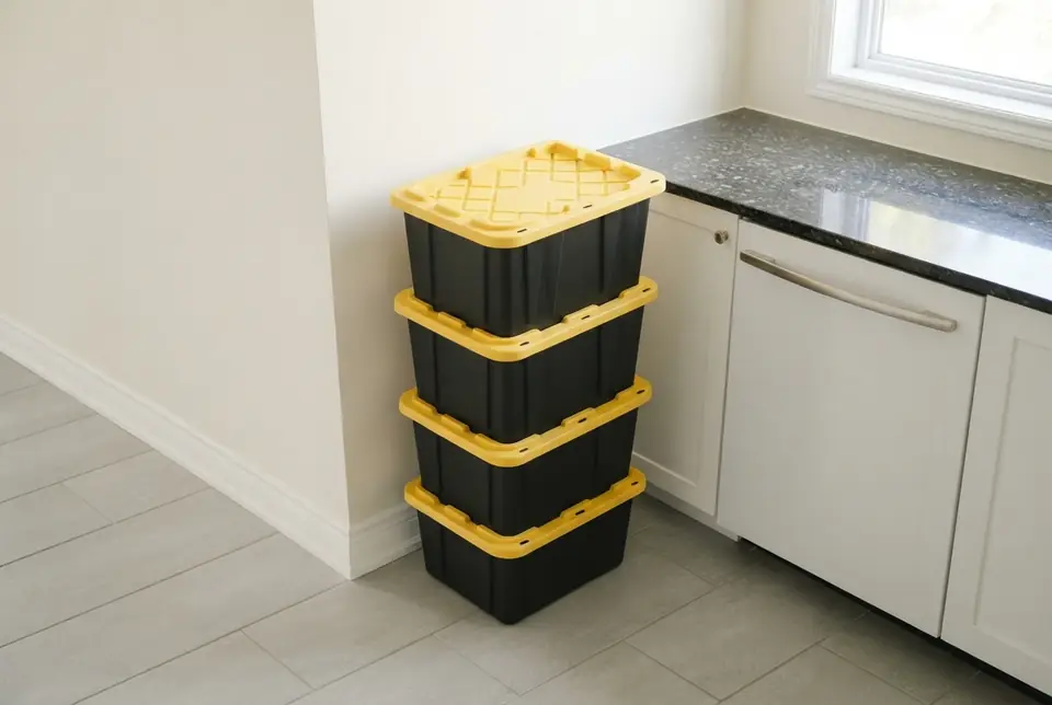 Four black plastic moving bins with yellow lids stacked in the corner of a kitchen