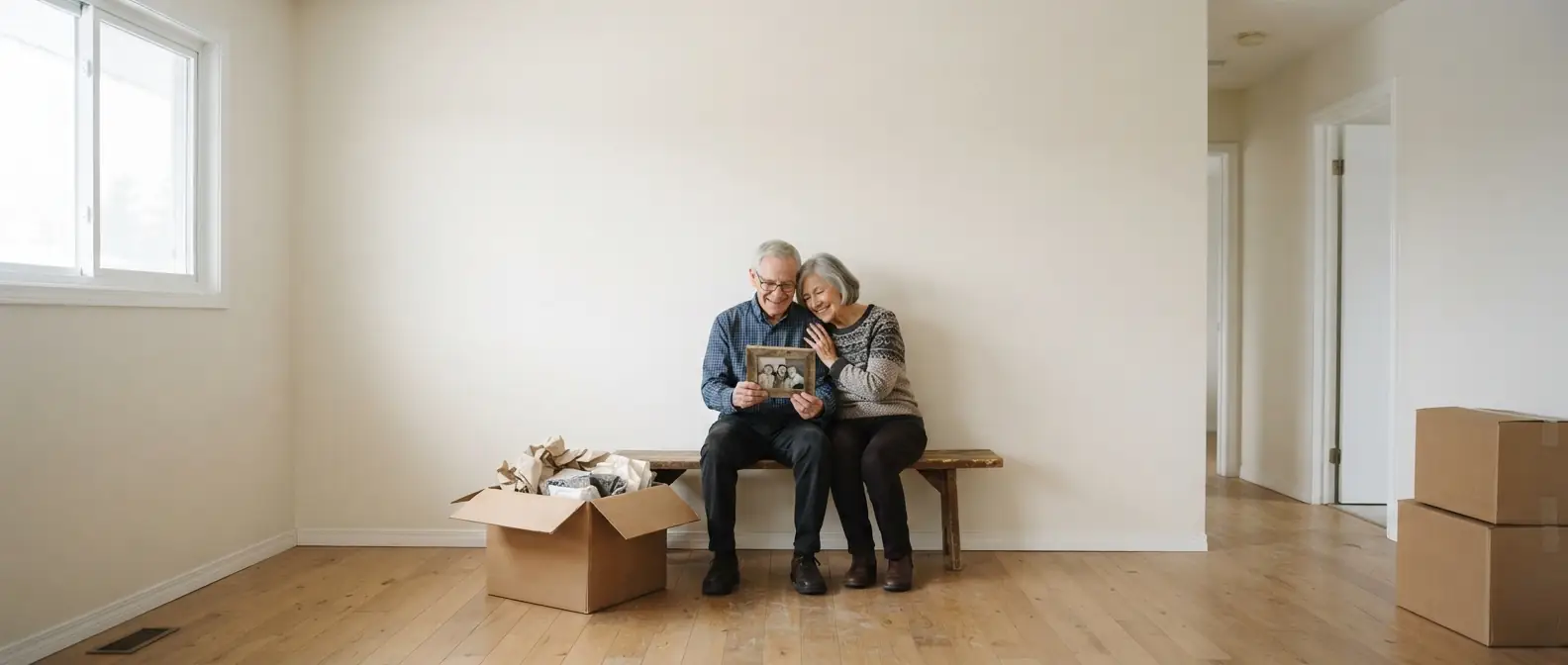 Senior movers in Calgary: a senior couple sits close together on a wooden bench in a bare room, smiling at an old framed family photo beside an open moving box