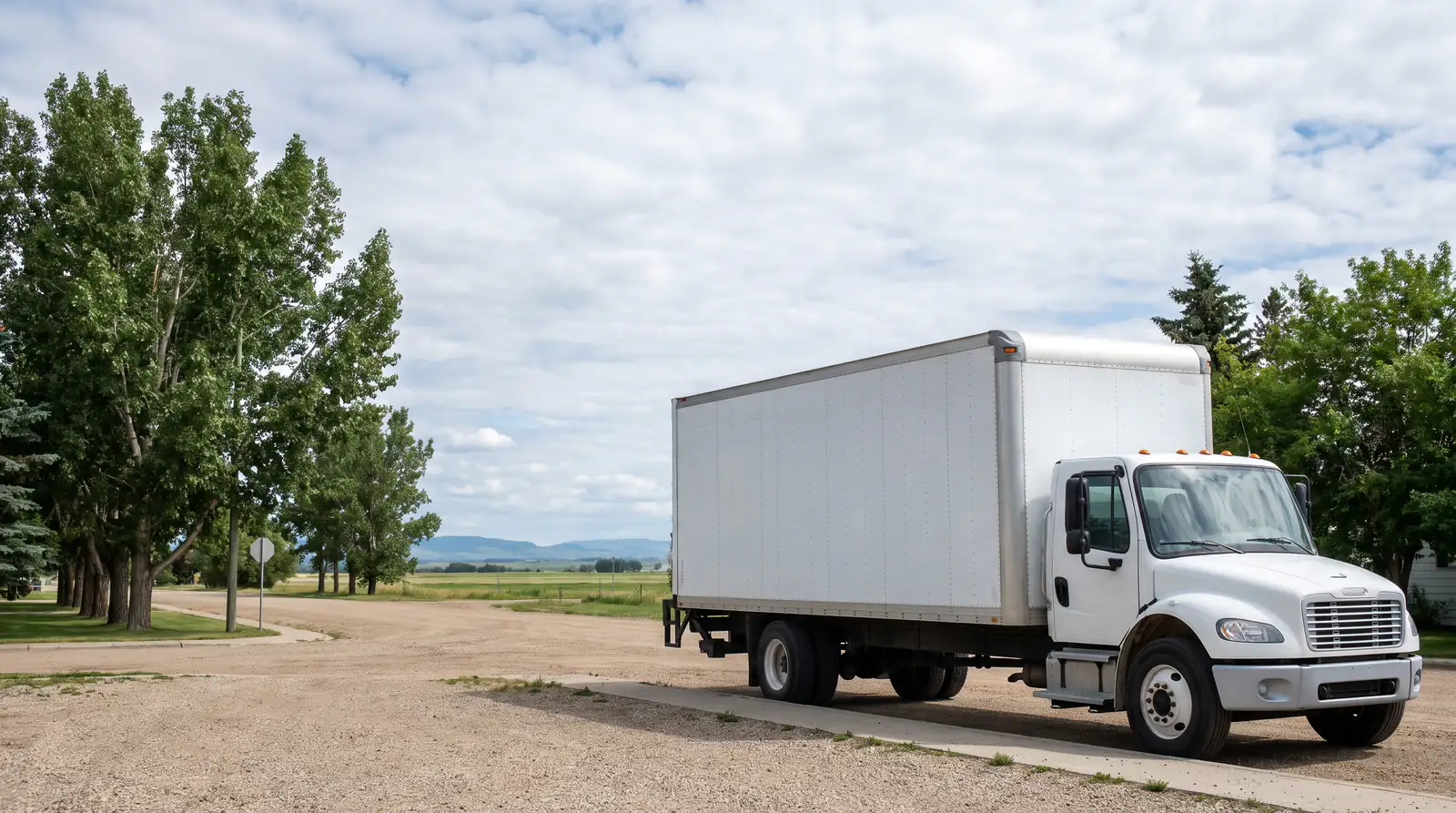 Movers in High River: a plain white box truck parked on a gravel street beside tall leafy trees