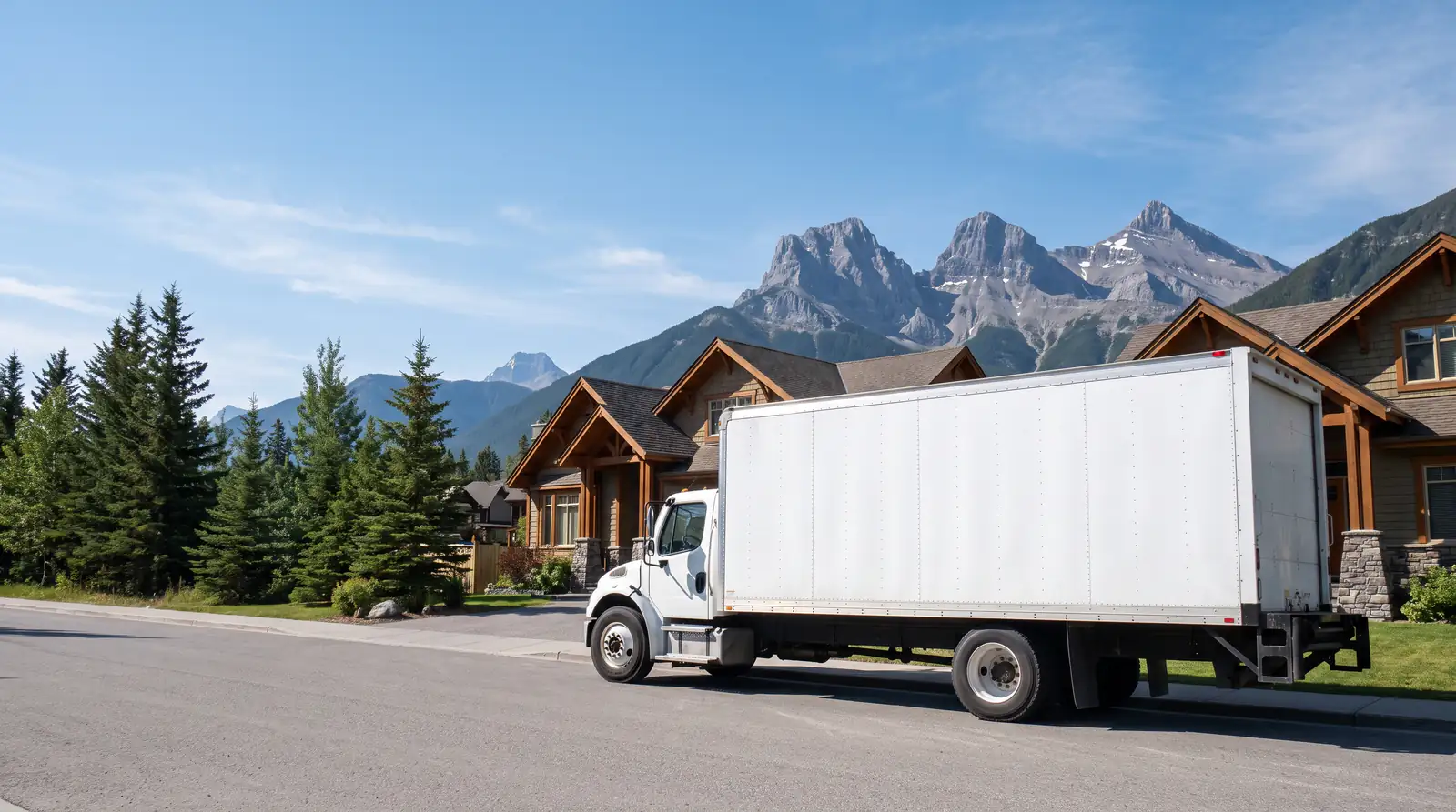 Movers in Canmore: a plain white box truck parked by timber-framed homes below jagged mountain peaks