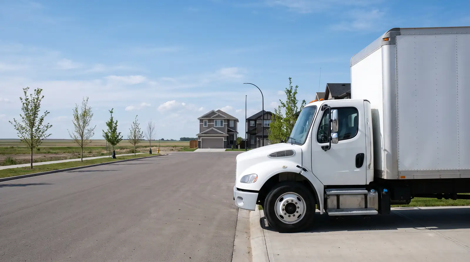 Movers in Airdrie: a plain white box truck parked beside a new suburban street under a big prairie sky